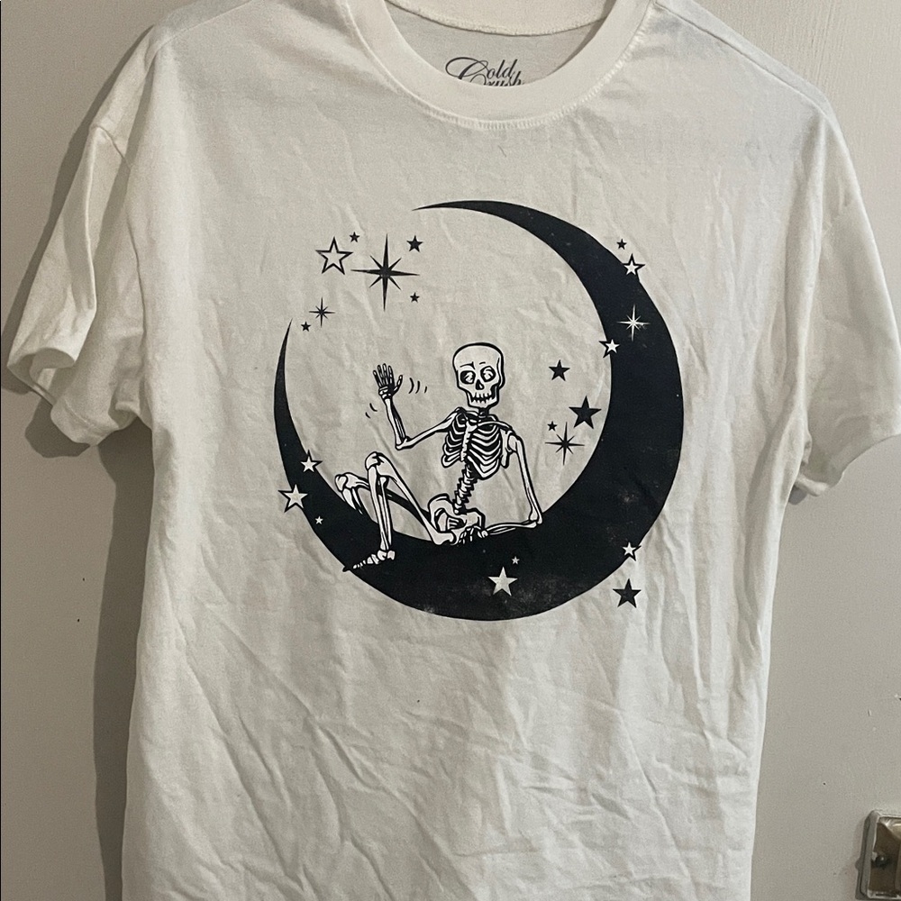 White T-Shirt with Skeleton Moon Design